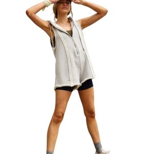 FP Movement Free Spirit Hooded Romper Heather Gray Zip Front Raw Hem XS NWT